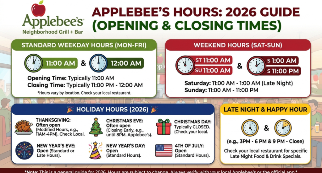 Applebee’s Hours (2026 Guide): Opening Times, Closing Times, Weekend & Holiday Hours