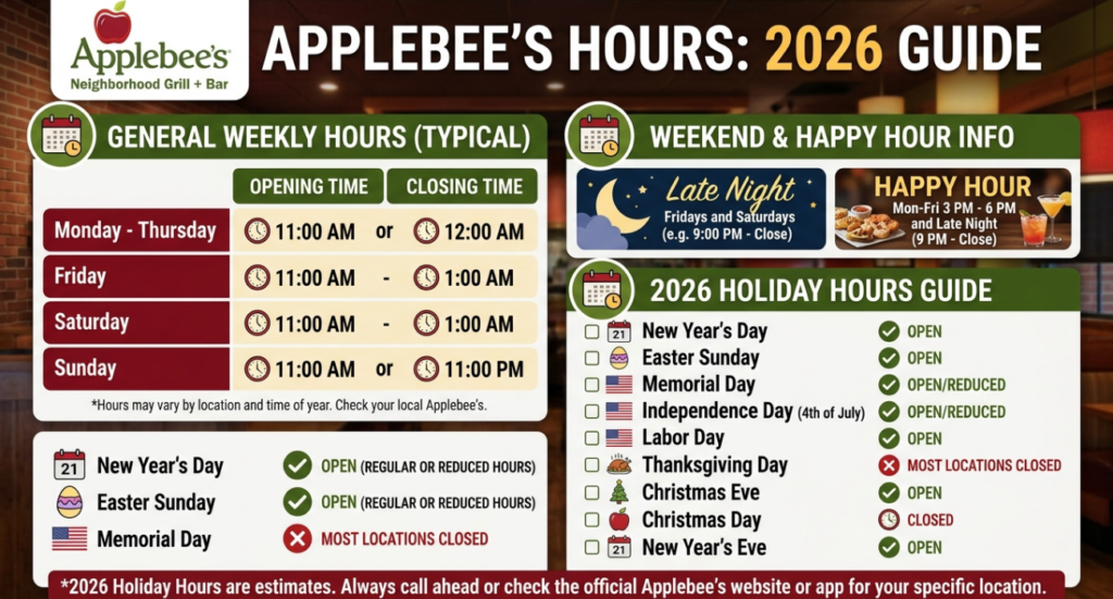 Applebee’s Hours (2026 Guide): Opening Times, Closing Times, Weekend & Holiday Hours