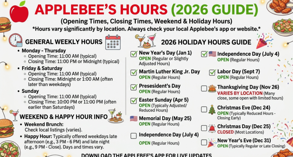 Applebee’s Hours (2026 Guide): Opening Times, Closing Times, Weekend & Holiday Hours