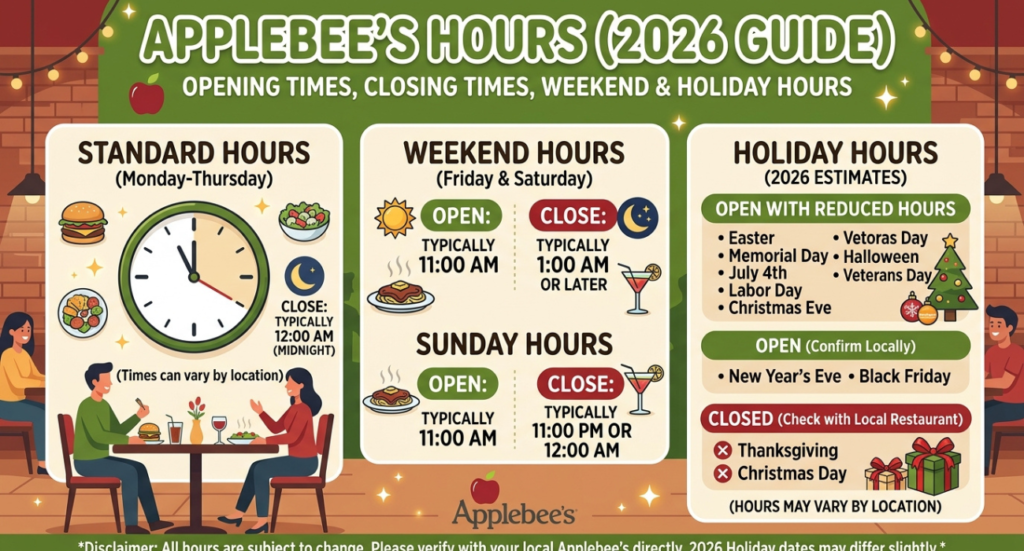 Applebee’s Hours (2026 Guide): Opening Times, Closing Times, Weekend & Holiday Hours