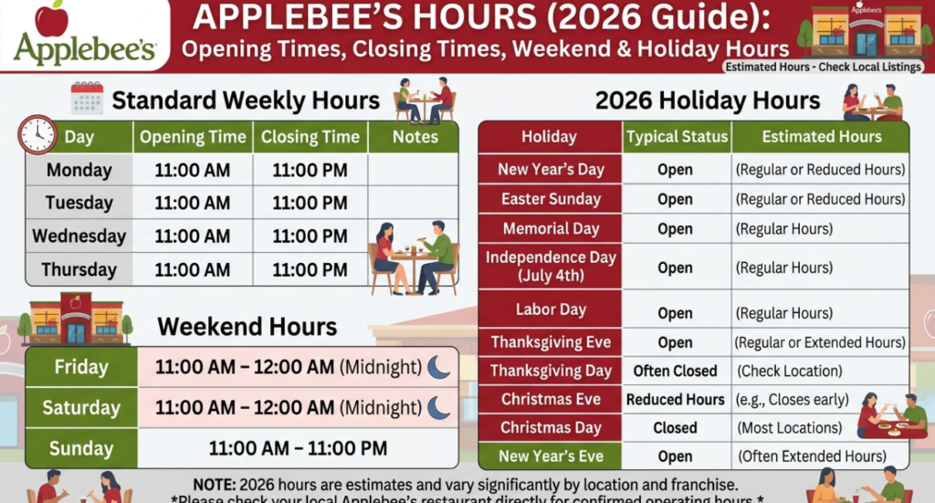 Applebee’s Hours (2026 Guide): Opening Times, Closing Times, Weekend & Holiday Hours
