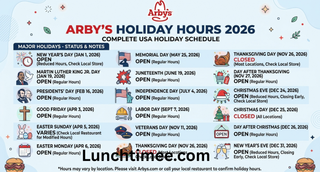 Arby’s Holiday Hours 2026: Complete USA Holiday Schedule for Christmas, Thanksgiving, Easter, and More