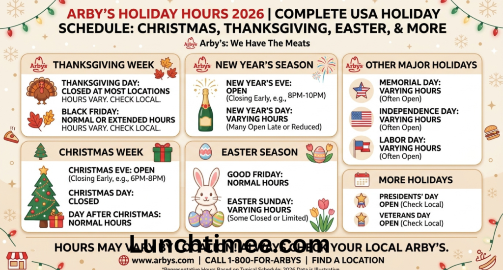 Arby’s Holiday Hours 2026: Complete USA Holiday Schedule for Christmas, Thanksgiving, Easter, and More