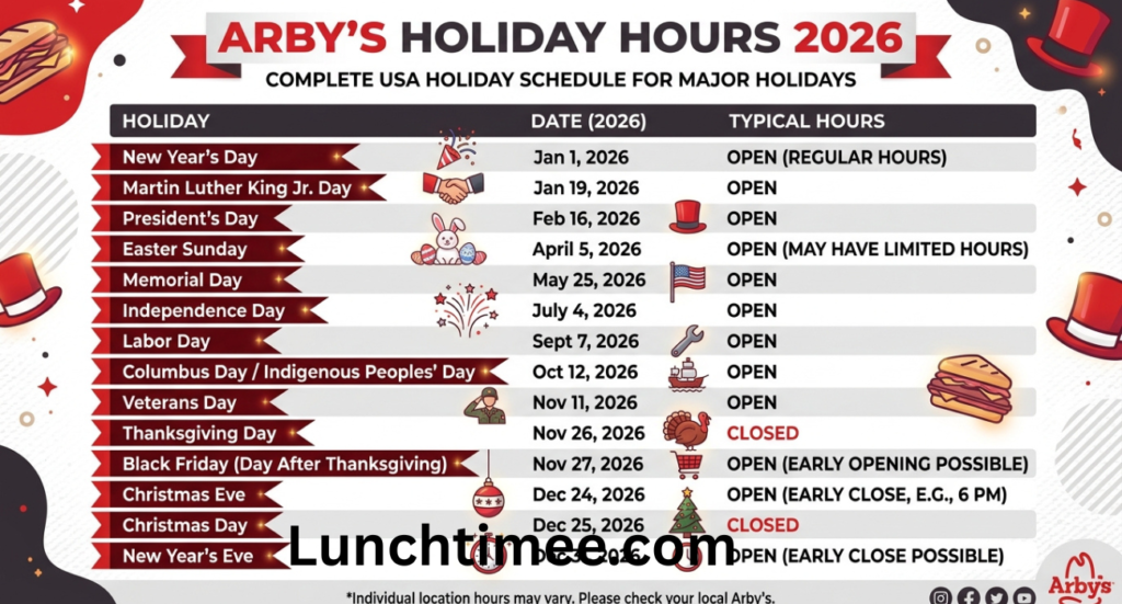Arby’s Holiday Hours 2026: Complete USA Holiday Schedule for Christmas, Thanksgiving, Easter, and More