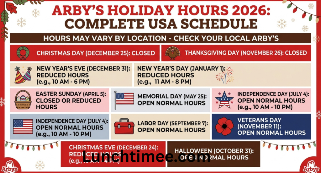 Arby’s Holiday Hours 2026: Complete USA Holiday Schedule for Christmas, Thanksgiving, Easter, and More