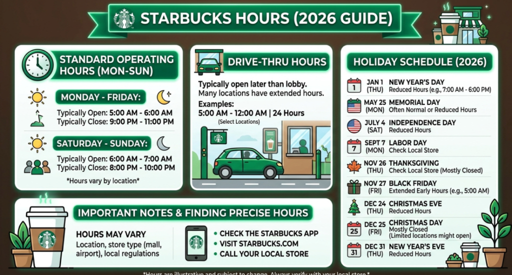 Starbucks Hours (2026 Guide): Opening Times, Closing Times, Holiday Schedule & Drive-Thru Hours