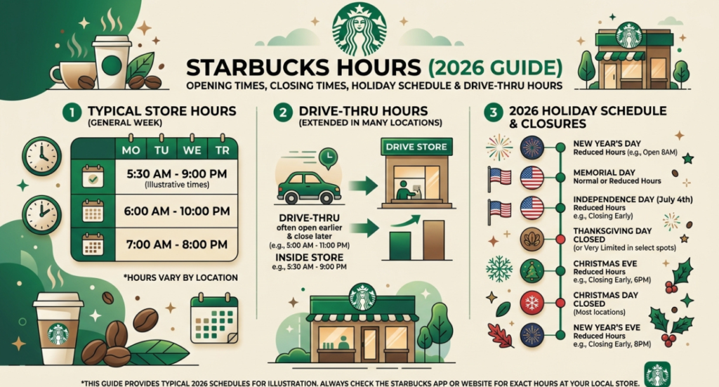 Starbucks Hours (2026 Guide): Opening Times, Closing Times, Holiday Schedule & Drive-Thru Hours