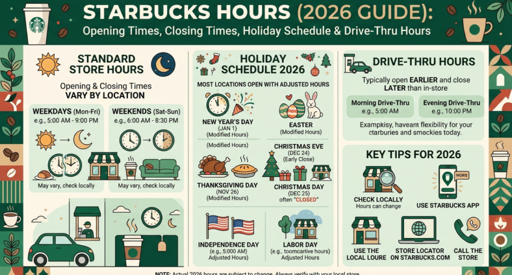 Starbucks Hours (2026 Guide): Opening Times, Closing Times, Holiday Schedule & Drive-Thru Hours
