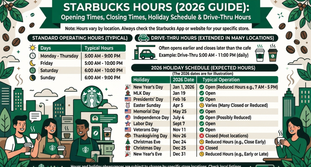 Starbucks Hours (2026 Guide): Opening Times, Closing Times, Holiday Schedule & Drive-Thru Hours
