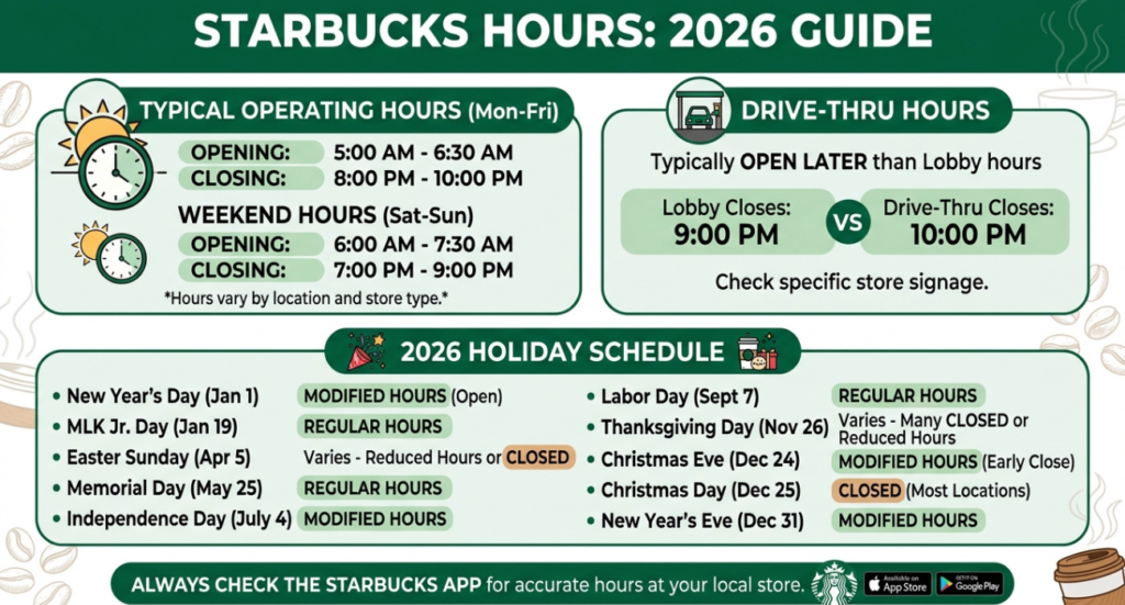 Starbucks Hours (2026 Guide): Opening Times, Closing Times, Holiday Schedule & Drive-Thru Hours