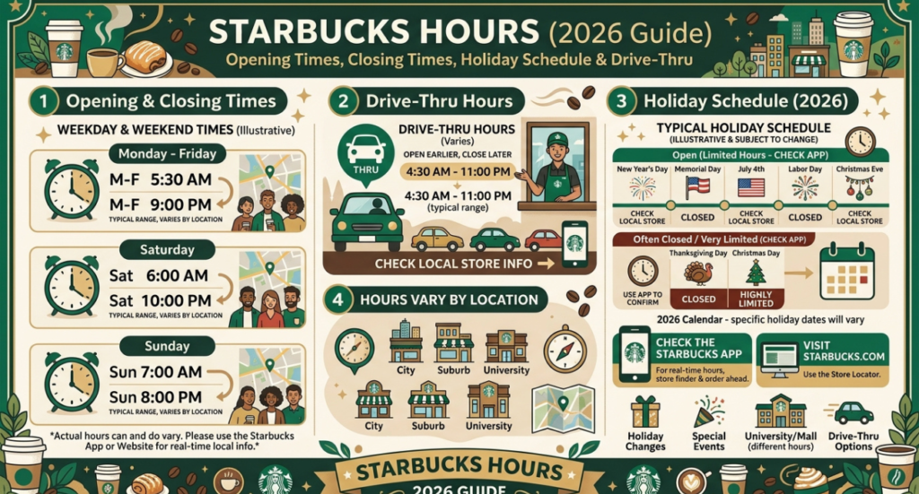 Starbucks Hours (2026 Guide): Opening Times, Closing Times, Holiday Schedule & Drive-Thru Hours